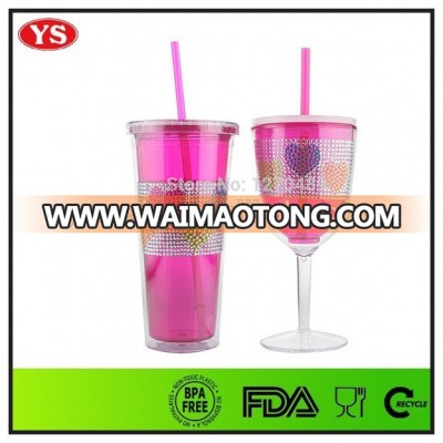 Eco-friendly 12 oz Bling bling band plastic wine cup with straw