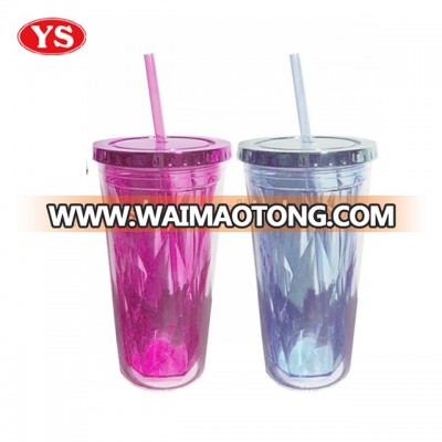 Double walled insulated cold cup with flat lid and straw